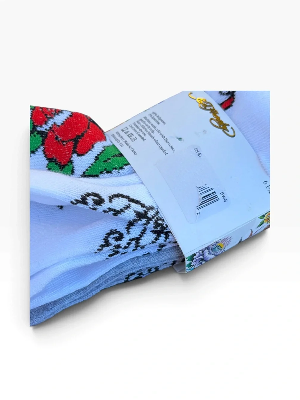 Ed Hardy Black White Gray Rose & Cross Floral Quarter Socks 6 Pack